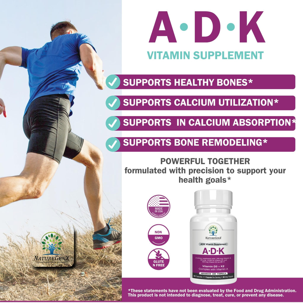 NatureGenX ADK Vitamin Supplement – Vitamins A, D3 & K2 MK-7 for Bone Health & Calcium Absorption – Gluten-Free, Non-GMO, Soy-Free - FENGGESTORE20