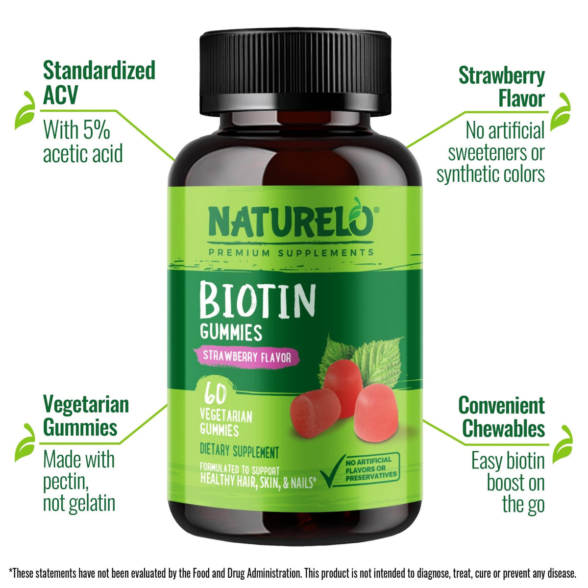NATURELO Biotin Gummies - Supports Healthy Hair, Skin & Nails - High Potency 2500 mcg - Non GMO, Gluten Free - 60 Gummies - FENGGESTORE20
