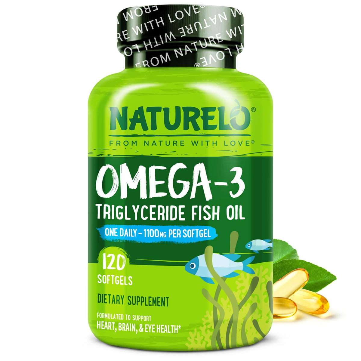 NATURELO Burpless Omega 3 Fish Oil Supplement - 1100mg Triglyceride Omega-3, EPA + DHA, Liquid Fish Oil for Heart, Eye, Brain, Joint Health - FENGGESTORE20