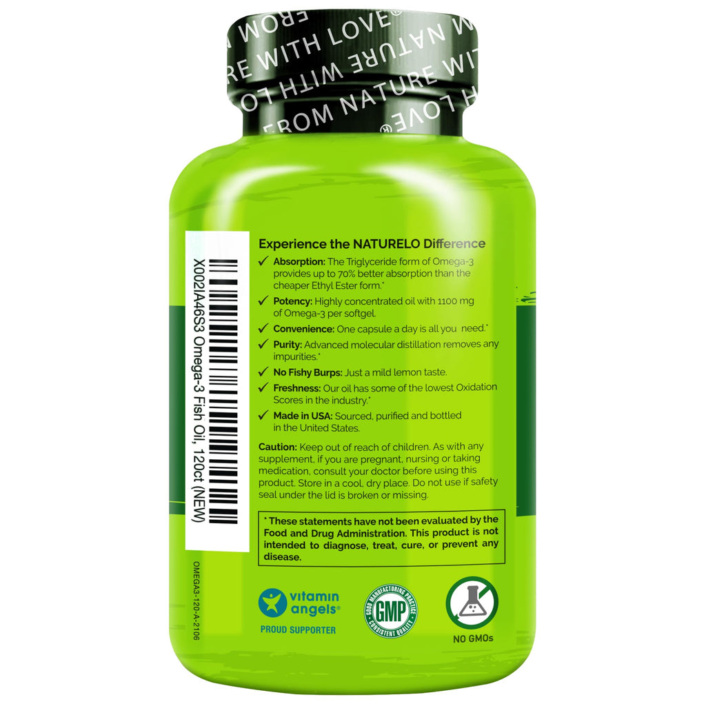 NATURELO Burpless Omega 3 Fish Oil Supplement - 1100mg Triglyceride Omega-3, EPA + DHA, Liquid Fish Oil for Heart, Eye, Brain, Joint Health - FENGGESTORE20
