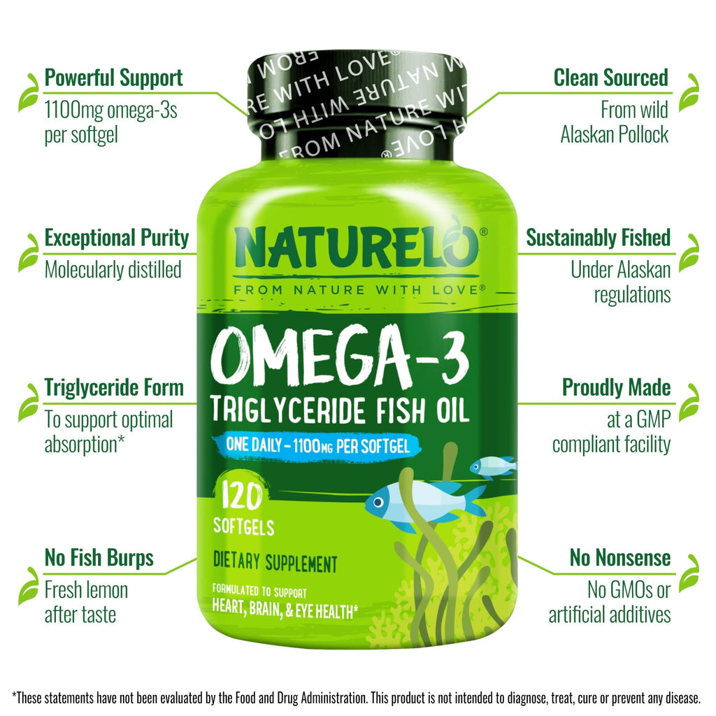 NATURELO Burpless Omega 3 Fish Oil Supplement - 1100mg Triglyceride Omega-3, EPA + DHA, Liquid Fish Oil for Heart, Eye, Brain, Joint Health - FENGGESTORE20
