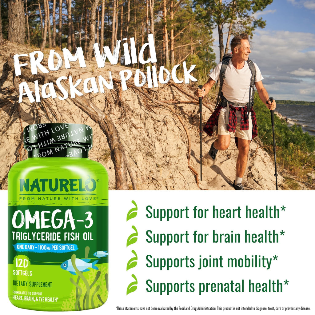 NATURELO Burpless Omega 3 Fish Oil Supplement - 1100mg Triglyceride Omega-3, EPA + DHA, Liquid Fish Oil for Heart, Eye, Brain, Joint Health - FENGGESTORE20