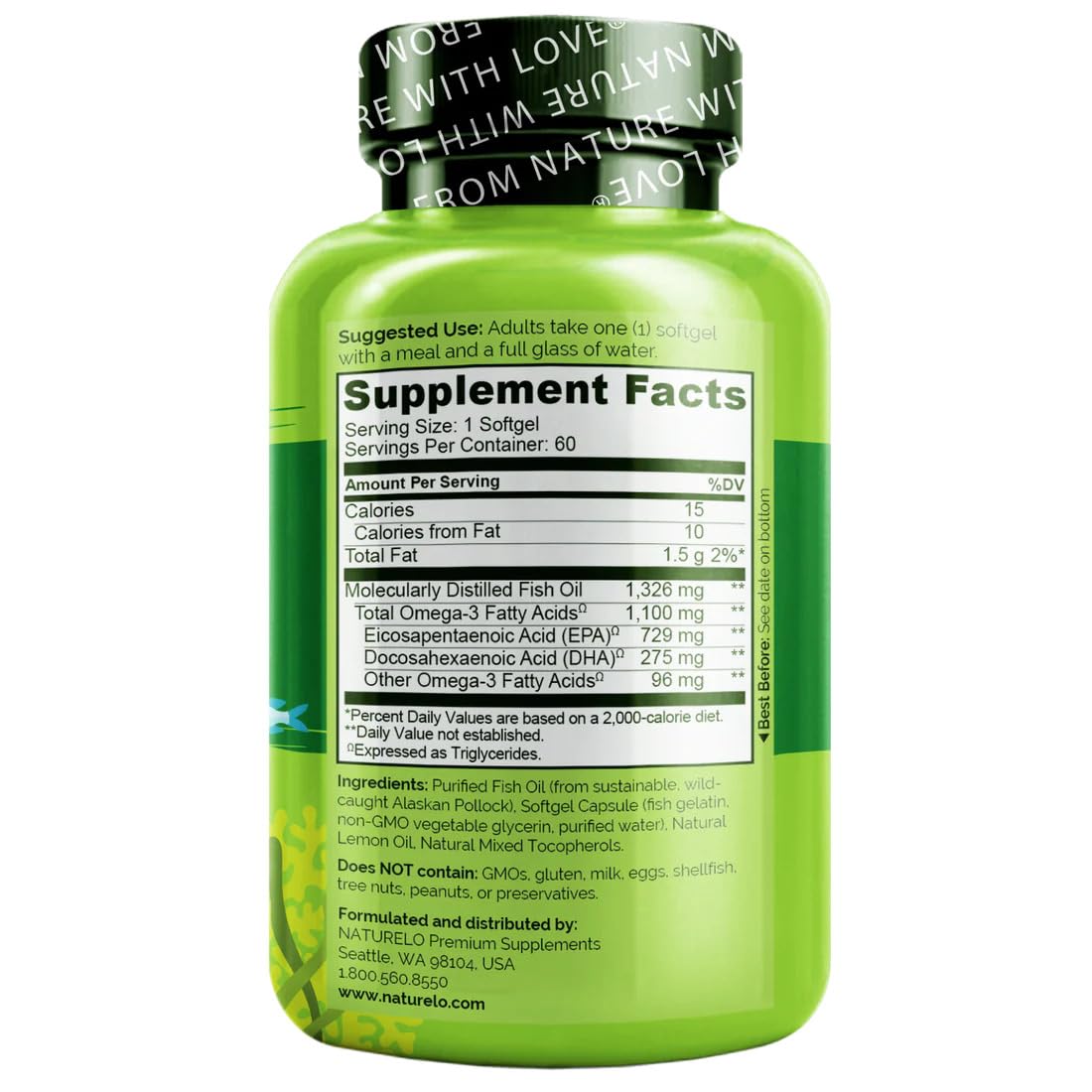 NATURELO Burpless Omega 3 Fish Oil Supplement - 1100mg Triglyceride Omega-3, EPA + DHA, Liquid Fish Oil for Heart, Eye, Brain, Joint Health - FENGGESTORE20