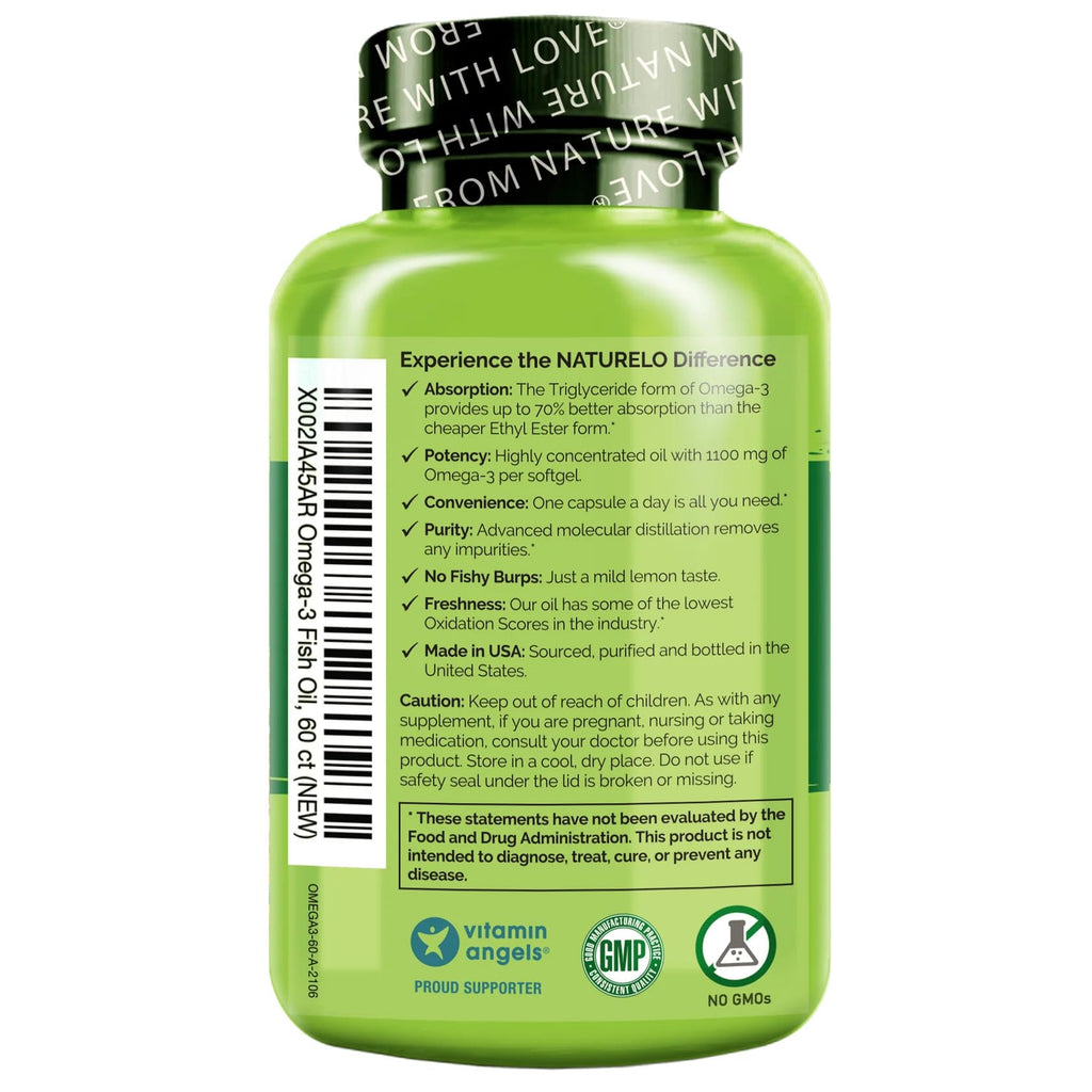NATURELO Burpless Omega 3 Fish Oil Supplement - 1100mg Triglyceride Omega-3, EPA + DHA, Liquid Fish Oil for Heart, Eye, Brain, Joint Health - FENGGESTORE20