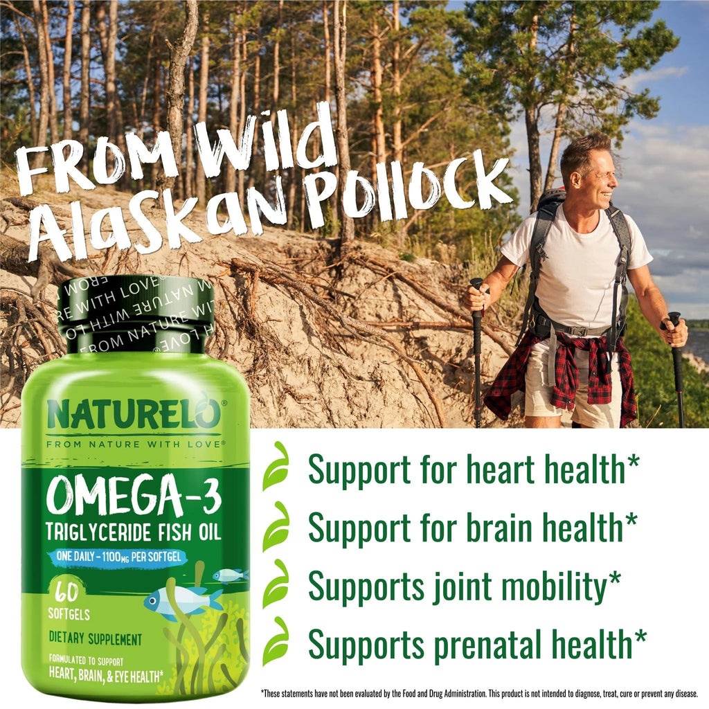 NATURELO Burpless Omega 3 Fish Oil Supplement - 1100mg Triglyceride Omega-3, EPA + DHA, Liquid Fish Oil for Heart, Eye, Brain, Joint Health - FENGGESTORE20
