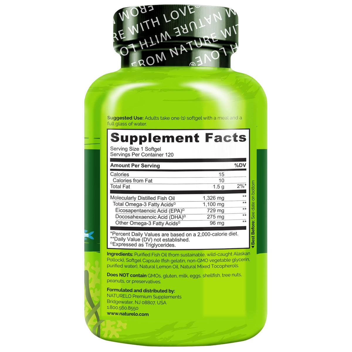 NATURELO Burpless Omega 3 Fish Oil Supplement - 1100mg Triglyceride Omega-3, EPA + DHA, Liquid Fish Oil for Heart, Eye, Brain, Joint Health - FENGGESTORE20