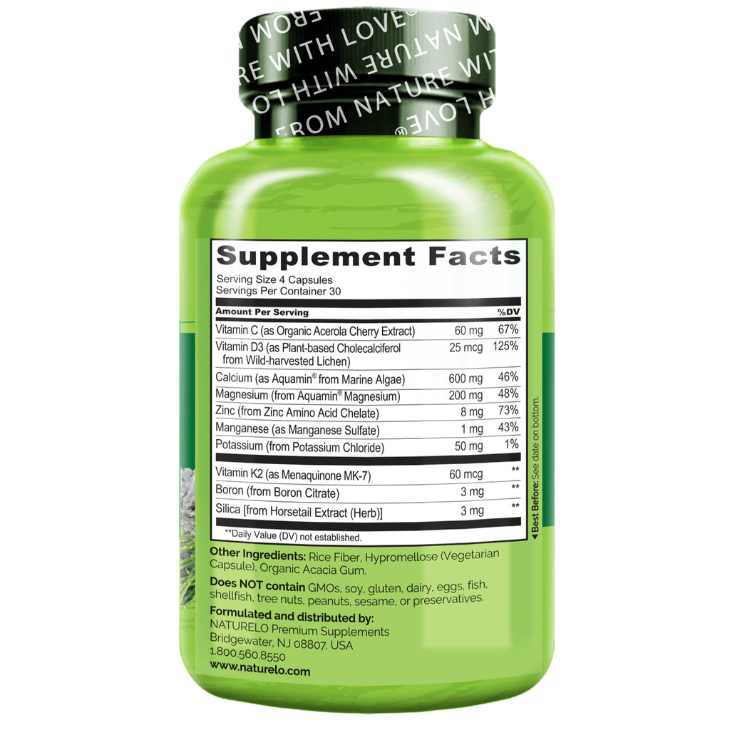 NATURELO Calcium Supplement - with Vitamin C, Vitamin D3, K2, and Calcium Magnesium Zinc for Bone Strength with Calcium 600mg - Plant-Based, 120 Vegetarian Capsules - FENGGESTORE20