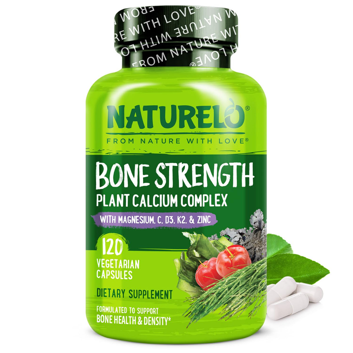 NATURELO Calcium Supplement - with Vitamin C, Vitamin D3, K2, and Calcium Magnesium Zinc for Bone Strength with Calcium 600mg - Plant-Based, 120 Vegetarian Capsules - FENGGESTORE20