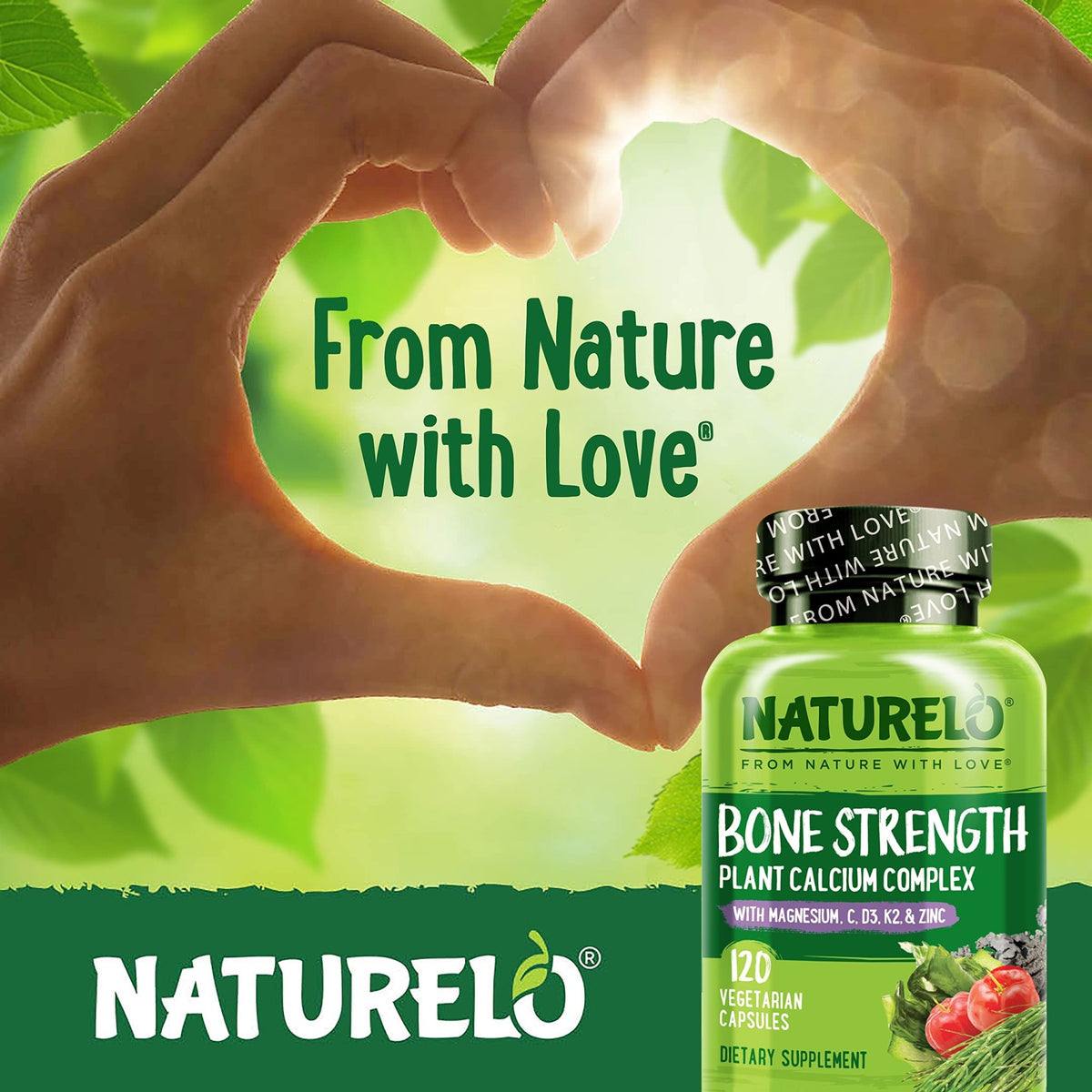 NATURELO Calcium Supplement - with Vitamin C, Vitamin D3, K2, and Calcium Magnesium Zinc for Bone Strength with Calcium 600mg - Plant-Based, 120 Vegetarian Capsules - FENGGESTORE20