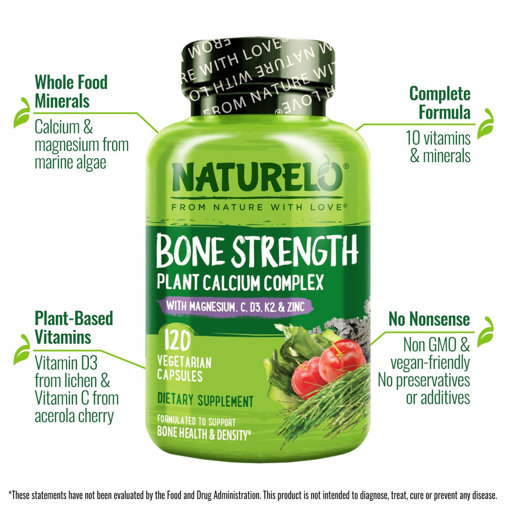 NATURELO Calcium Supplement - with Vitamin C, Vitamin D3, K2, and Calcium Magnesium Zinc for Bone Strength with Calcium 600mg - Plant-Based, 120 Vegetarian Capsules - FENGGESTORE20