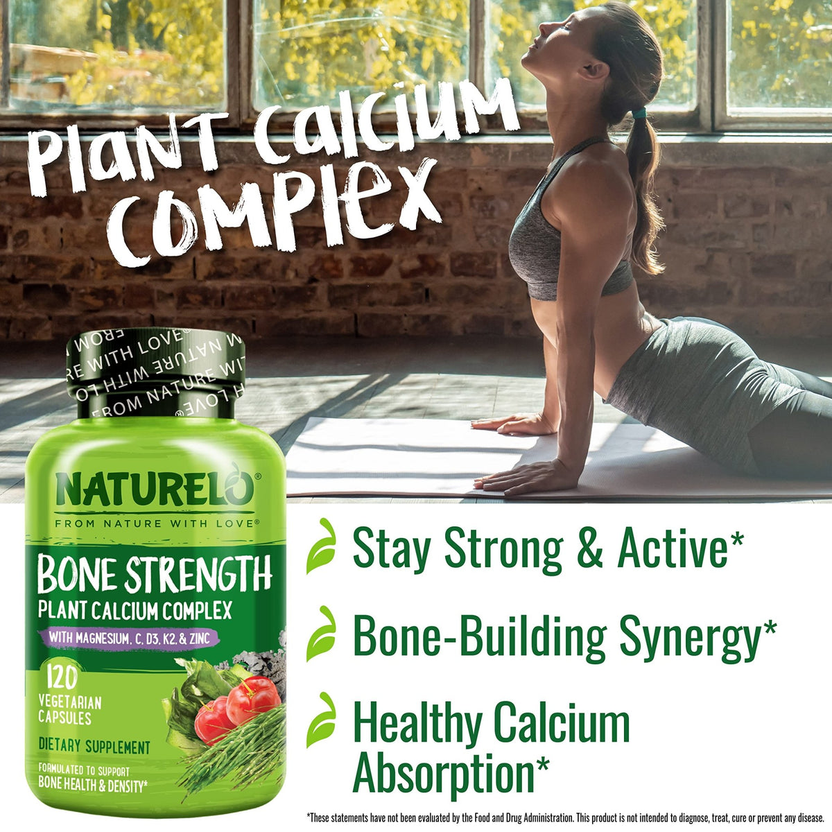 NATURELO Calcium Supplement - with Vitamin C, Vitamin D3, K2, and Calcium Magnesium Zinc for Bone Strength with Calcium 600mg - Plant-Based, 120 Vegetarian Capsules - FENGGESTORE20