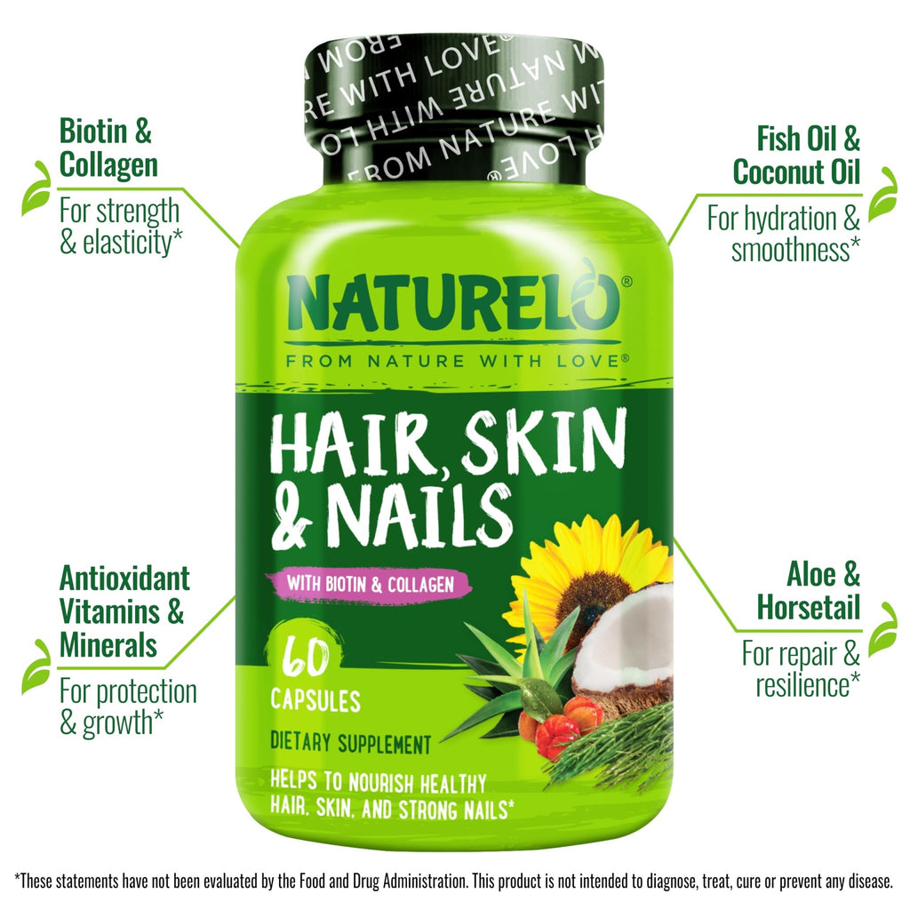 NATURELO Hair, Skin and Nails Vitamins - 5000 mcg Biotin, Collagen, Natural Vitamin E - Supplement for Healthy Skin - FENGGESTORE20