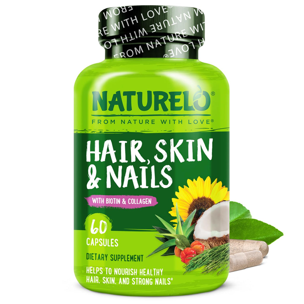 NATURELO Hair, Skin and Nails Vitamins - 5000 mcg Biotin, Collagen, Natural Vitamin E - Supplement for Healthy Skin - FENGGESTORE20