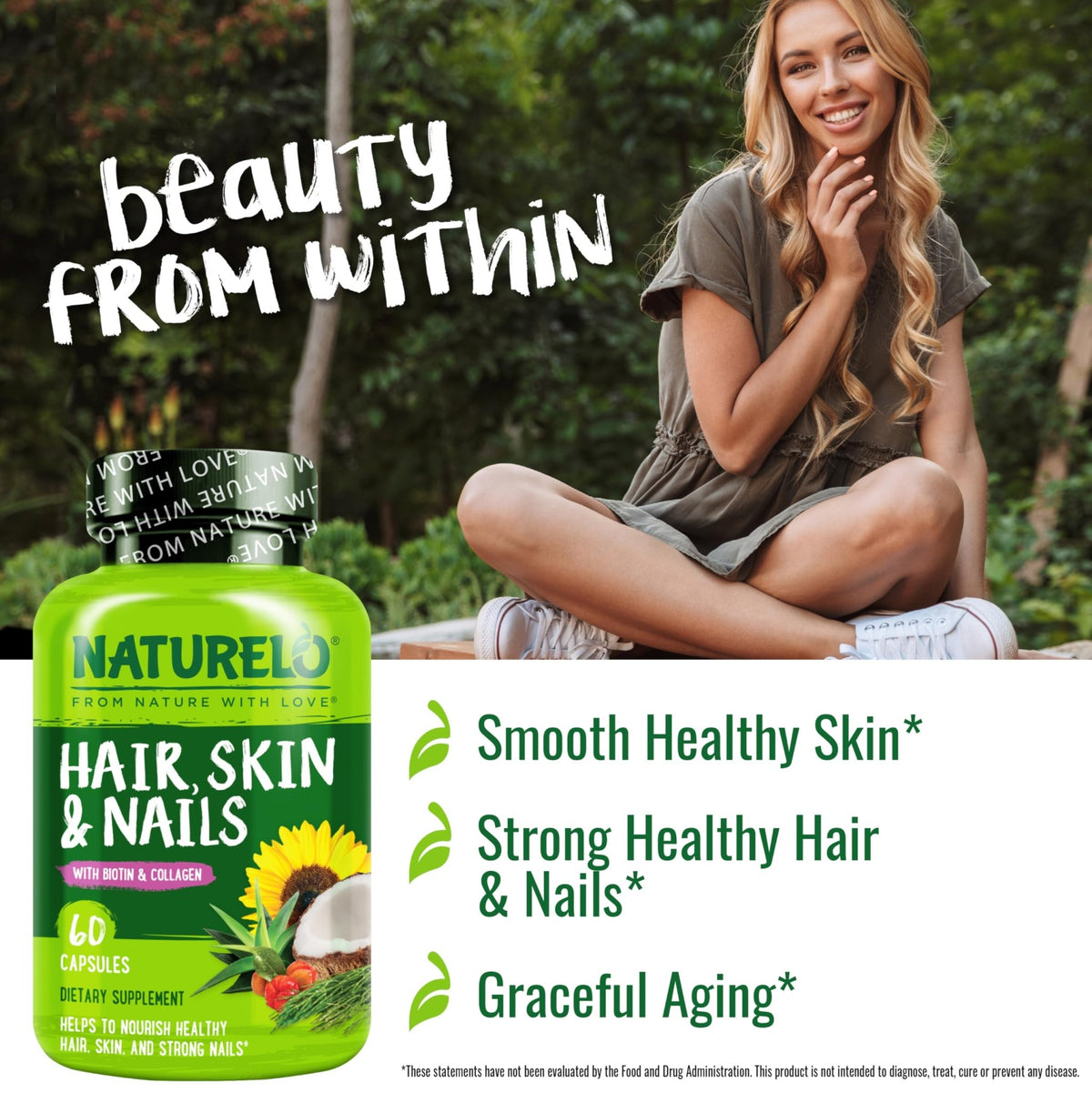 NATURELO Hair, Skin and Nails Vitamins - 5000 mcg Biotin, Collagen, Natural Vitamin E - Supplement for Healthy Skin - FENGGESTORE20