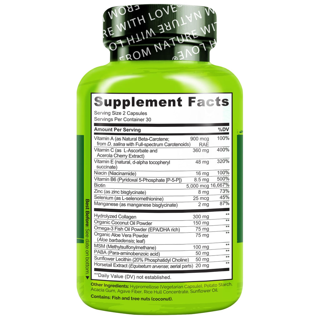 NATURELO Hair, Skin and Nails Vitamins - 5000 mcg Biotin, Collagen, Natural Vitamin E - Supplement for Healthy Skin - FENGGESTORE20