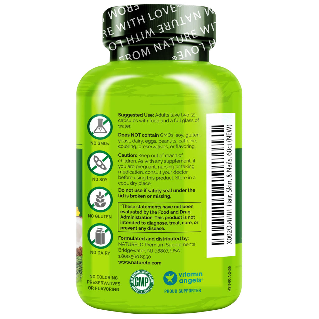 NATURELO Hair, Skin and Nails Vitamins - 5000 mcg Biotin, Collagen, Natural Vitamin E - Supplement for Healthy Skin - FENGGESTORE20