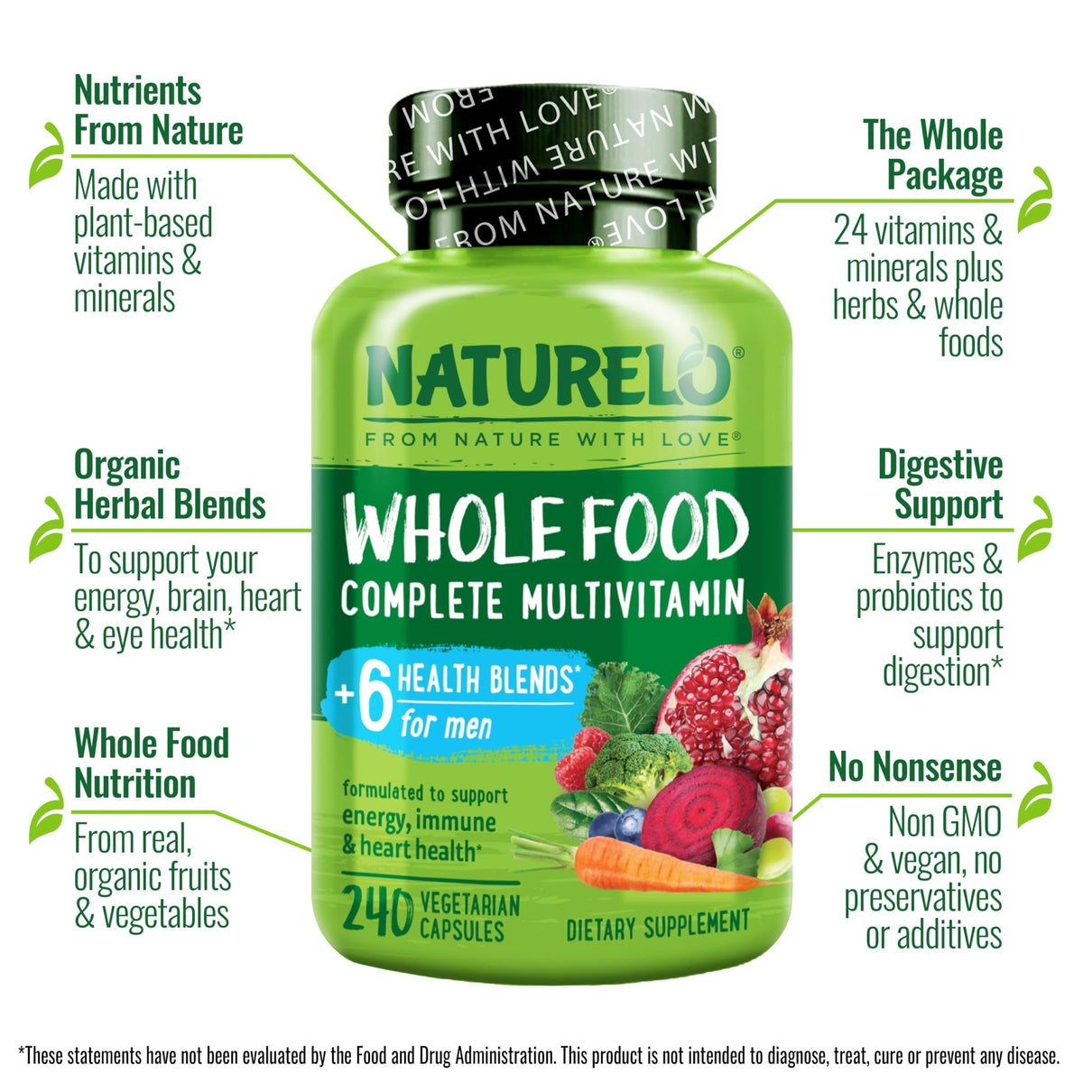 NATURELO Mens Multivitamins - Whole Food Multivitamin for Men with Vitamins, Minerals - 240 Vegetarian Capsules for Energy, Brain, Heart, Eye Health* - FENGGESTORE20