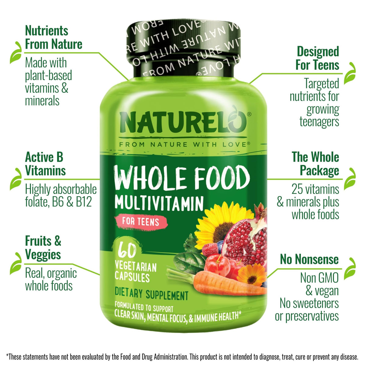 NATURELO Multivitamins for Teenage Girls/Boys, 60 Capsules, Whole Food Multivitamin with Minerals, Non-GMO, Vegetarian - FENGGESTORE20