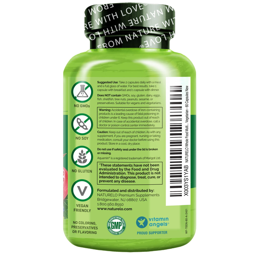 NATURELO Multivitamins for Teenage Girls/Boys, 60 Capsules, Whole Food Multivitamin with Minerals, Non-GMO, Vegetarian - FENGGESTORE20