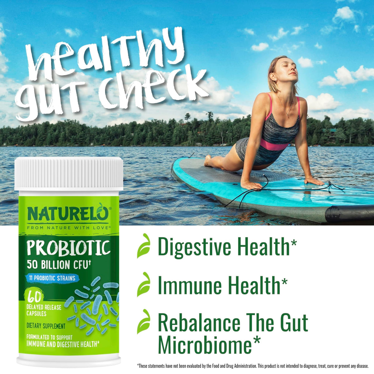 NATURELO Probiotics for Digestive Health - 50 Billion CFU, 11 Strains, Daily Use Supplement - Boosts Immune System, Delayed Release, - FENGGESTORE20