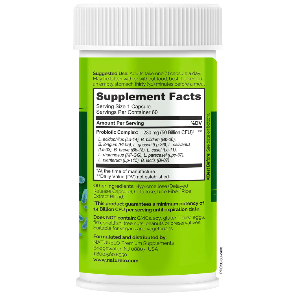 NATURELO Probiotics for Digestive Health - 50 Billion CFU, 11 Strains, Daily Use Supplement - Boosts Immune System, Delayed Release, - FENGGESTORE20