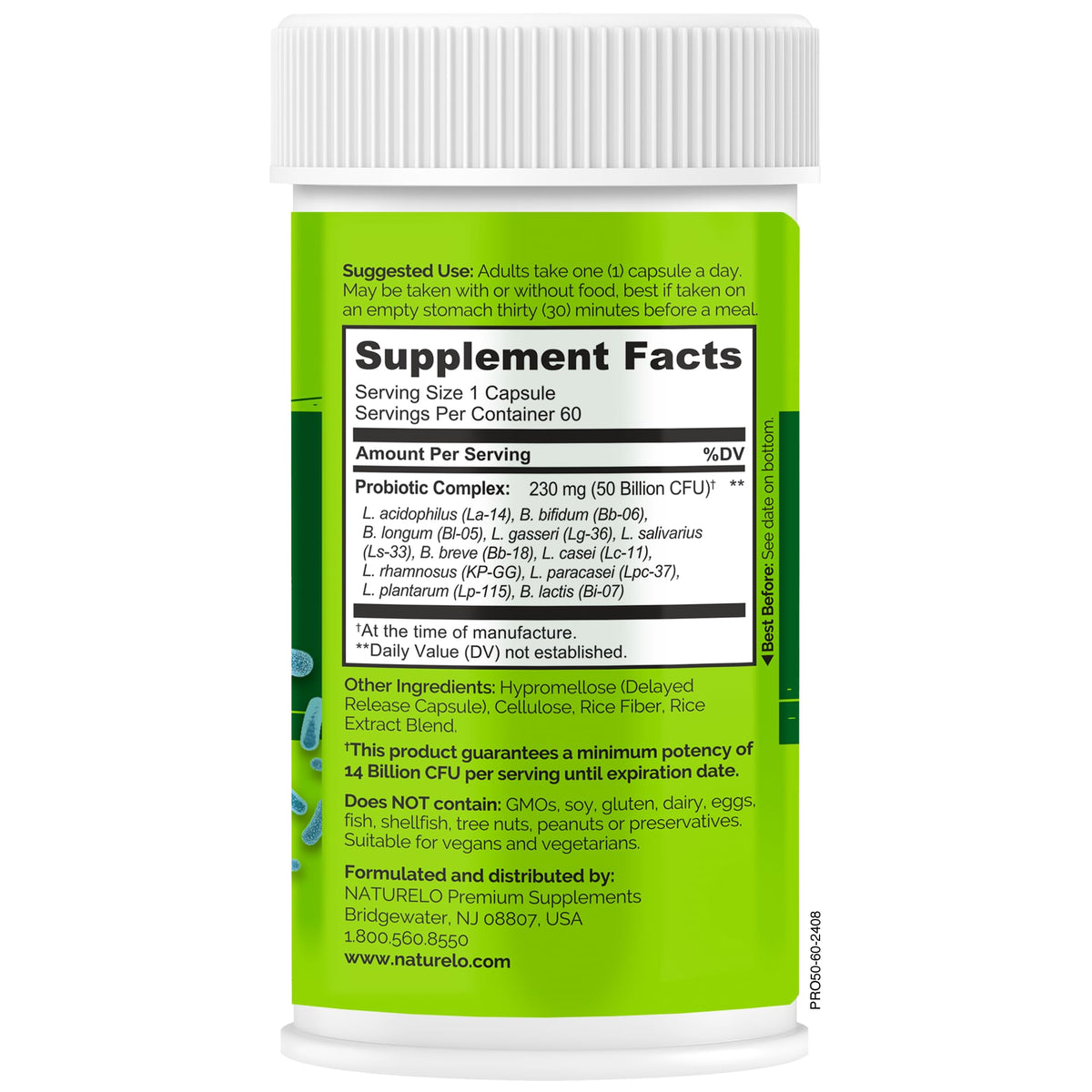 NATURELO Probiotics for Digestive Health - 50 Billion CFU, 11 Strains, Daily Use Supplement - Boosts Immune System, Delayed Release, - FENGGESTORE20