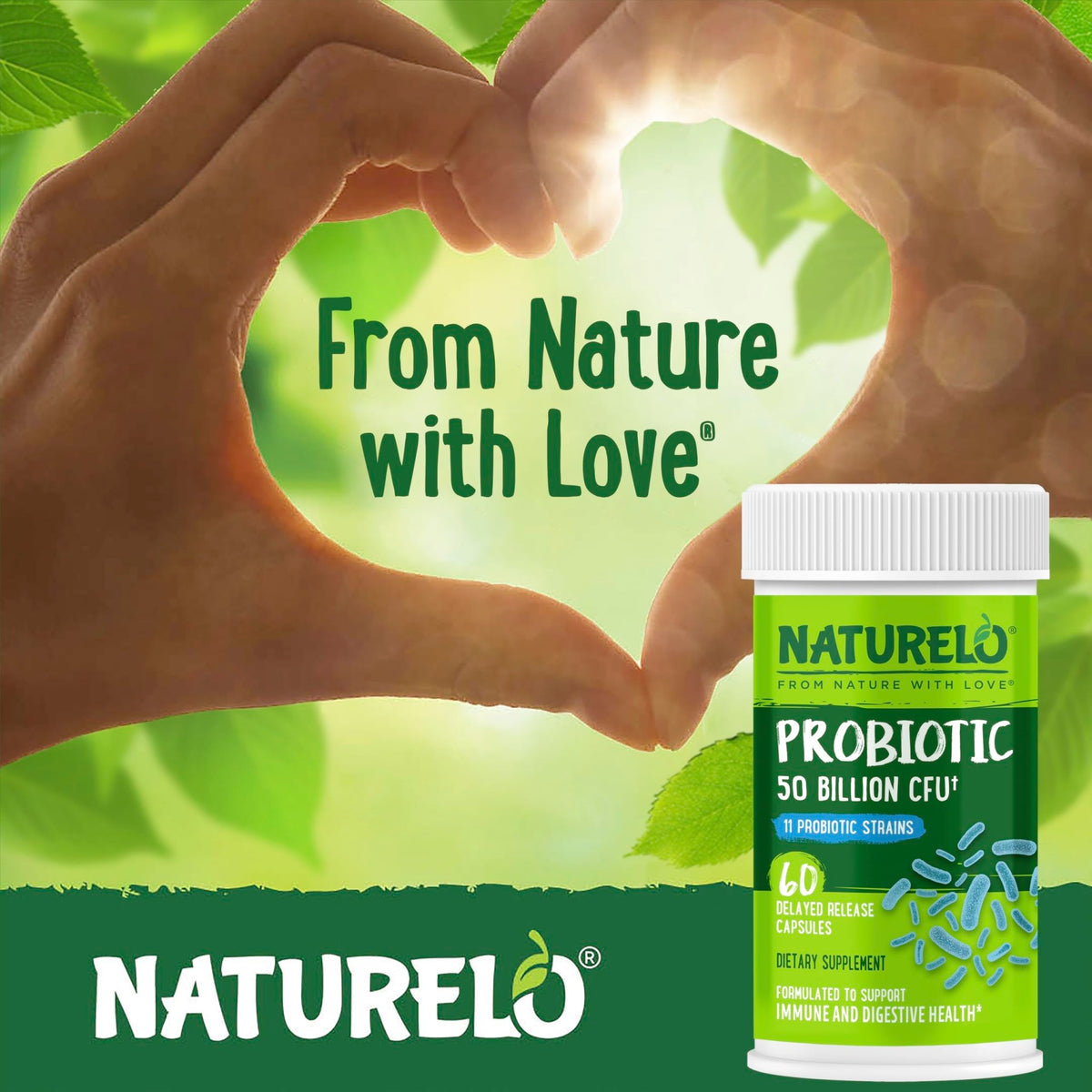 NATURELO Probiotics for Digestive Health - 50 Billion CFU, 11 Strains, Daily Use Supplement - Boosts Immune System, Delayed Release, - FENGGESTORE20