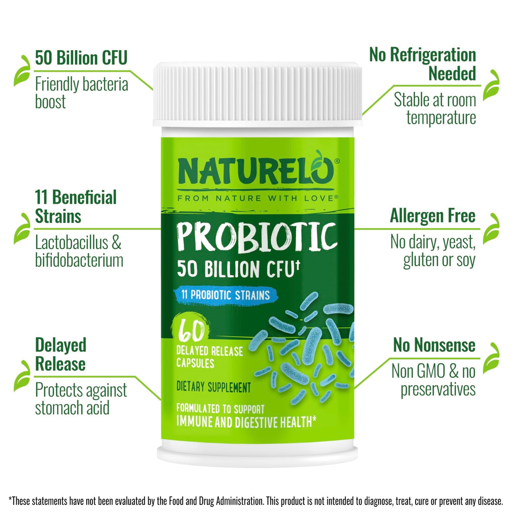 NATURELO Probiotics for Digestive Health - 50 Billion CFU, 11 Strains, Daily Use Supplement - Boosts Immune System, Delayed Release, - FENGGESTORE20