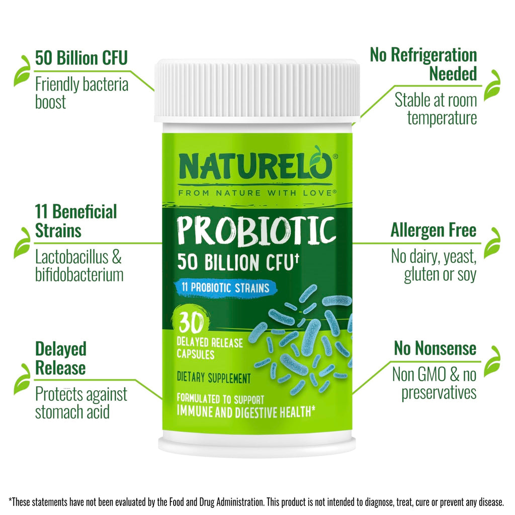 NATURELO Probiotics for Digestive Health, 50 Billion CFU, 30 Vegetarian Capsules, 11 Strains, Daily Use Supplement, Delayed Release, No-Fridge, Helps Boost Immune System, - FENGGESTORE20