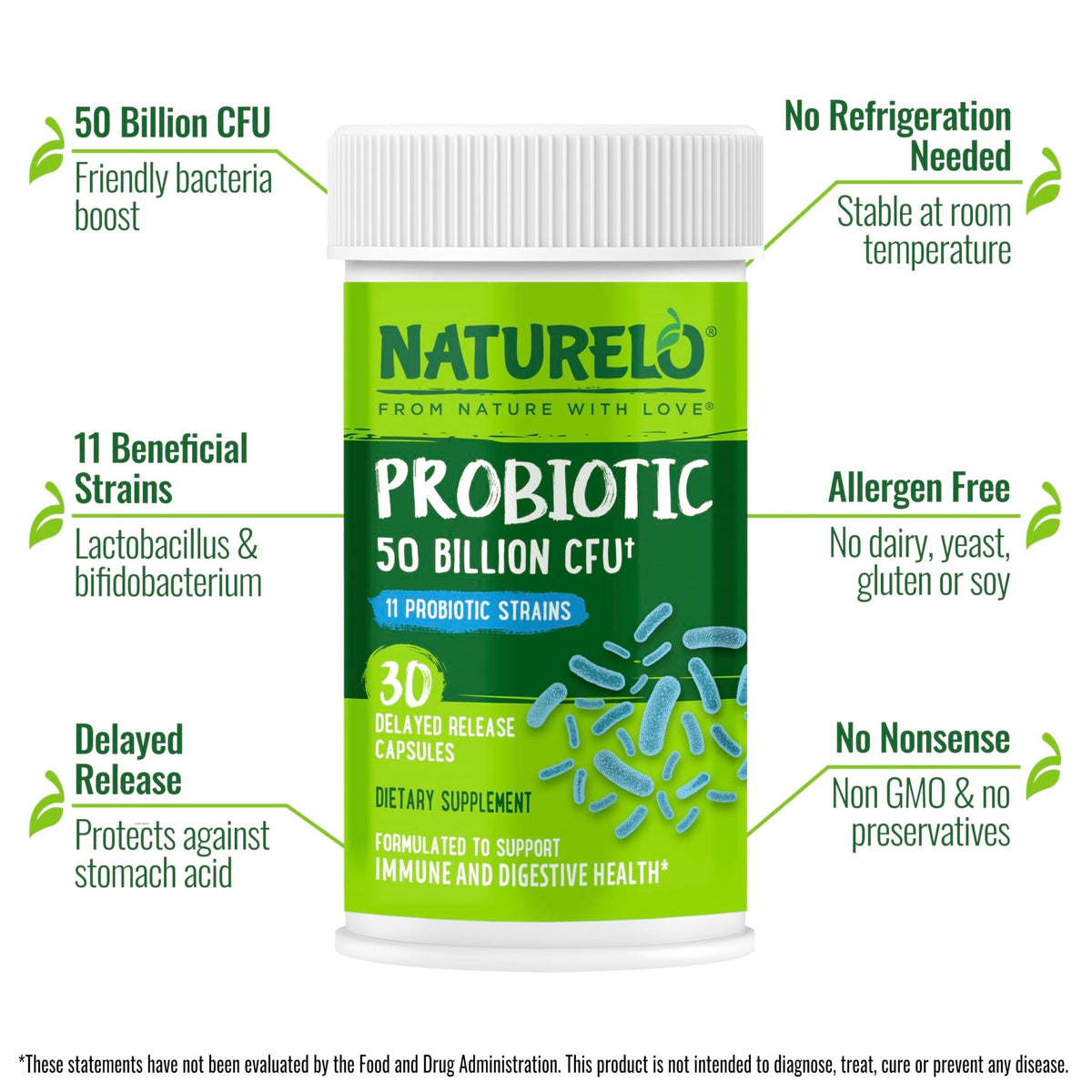 NATURELO Probiotics for Digestive Health, 50 Billion CFU, 30 Vegetarian Capsules, 11 Strains, Daily Use Supplement, Delayed Release, No-Fridge, Helps Boost Immune System, - FENGGESTORE20