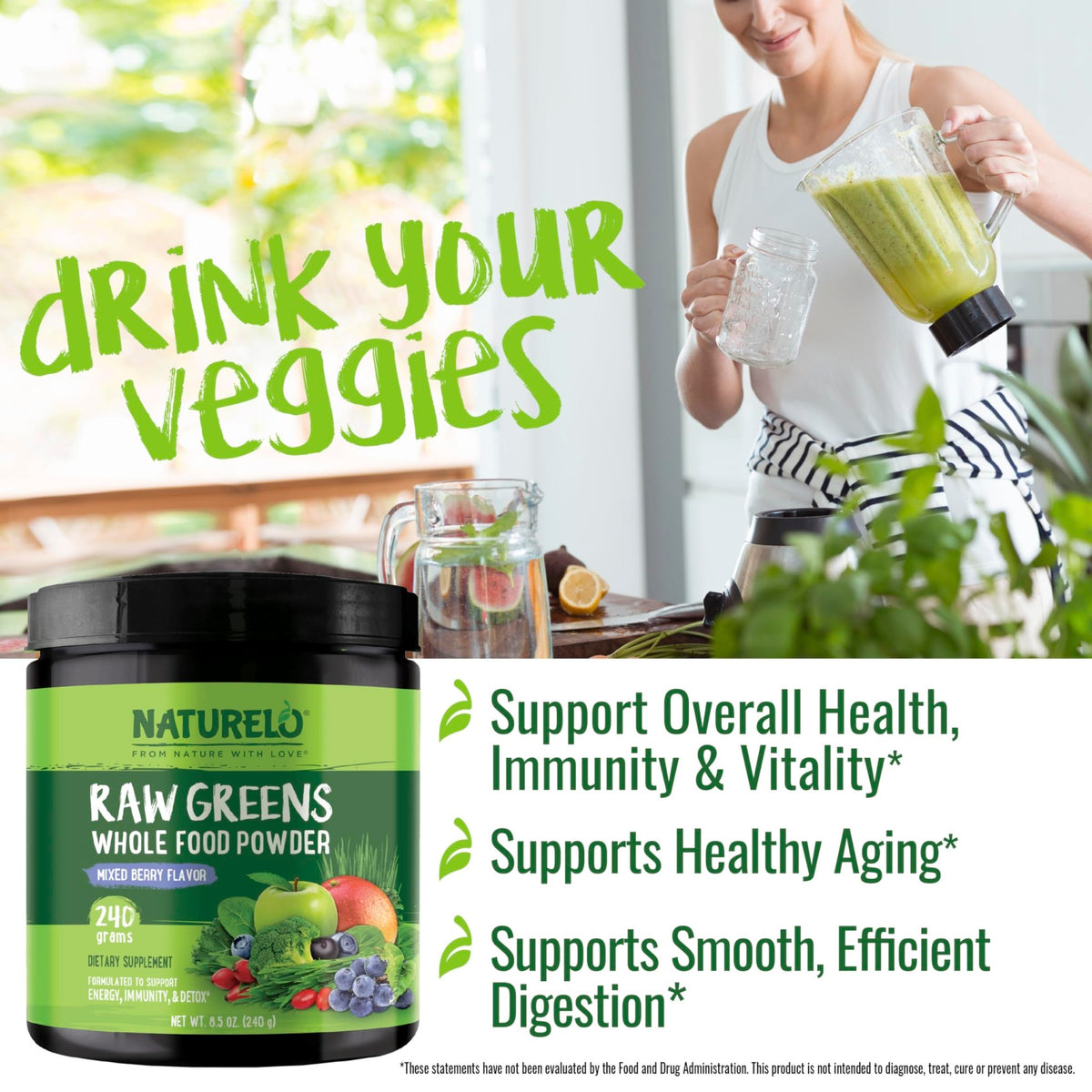 NATURELO Raw Greens Superfood Powder 240 Grams, Mixed Berry - Supports Energy, Immunity and Detox - Includes Spirulina, Wheat Grass and Organic Greens for Whole Food Nutrition - FENGGESTORE20