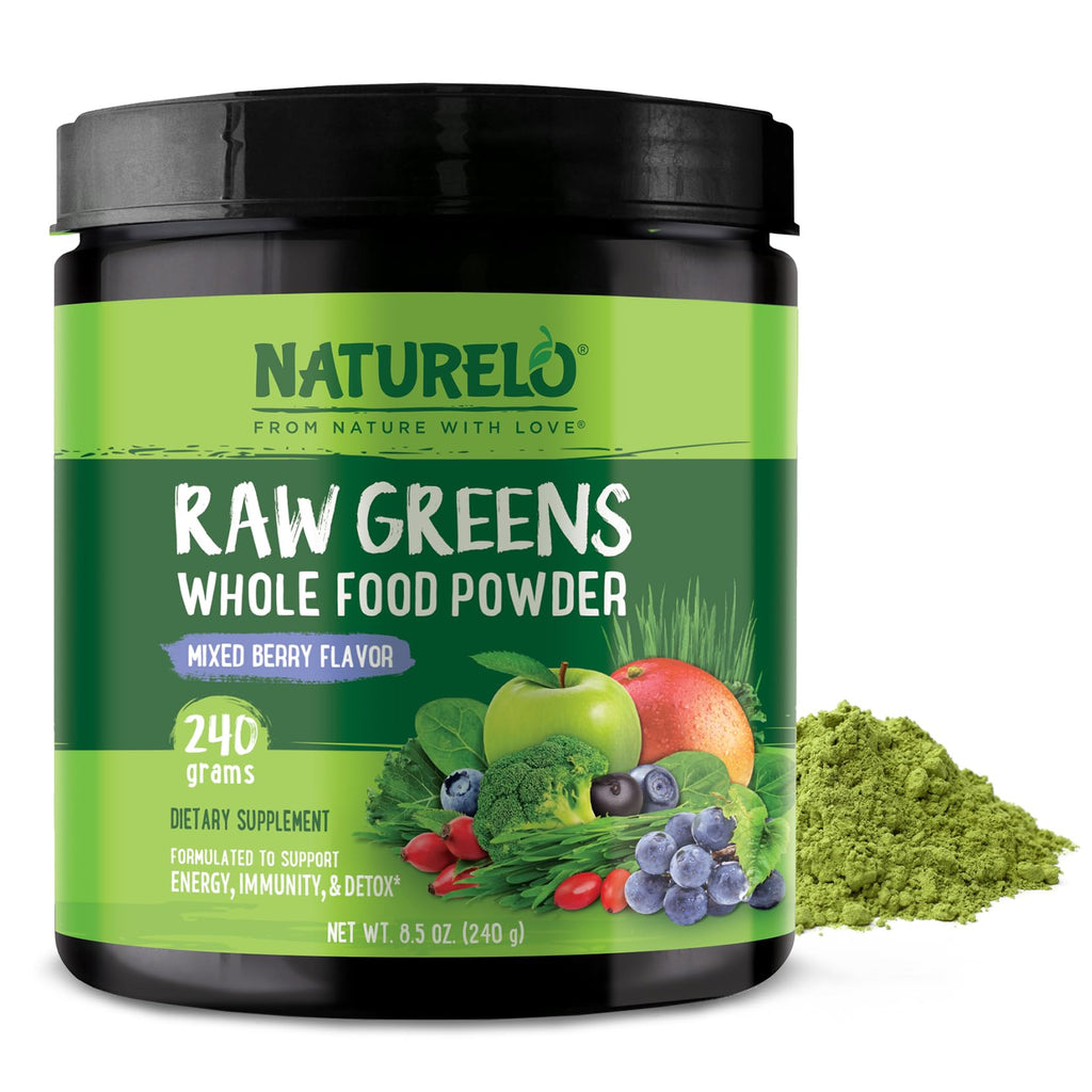 NATURELO Raw Greens Superfood Powder 240 Grams, Mixed Berry - Supports Energy, Immunity and Detox - Includes Spirulina, Wheat Grass and Organic Greens for Whole Food Nutrition - FENGGESTORE20