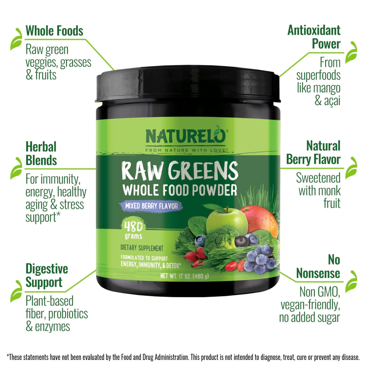NATURELO Raw Greens Superfood Powder 480 Grams, Mixed Berry - Supports Energy, Immunity and Detox - Includes Spirulina, Wheat Grass and Organic - FENGGESTORE20