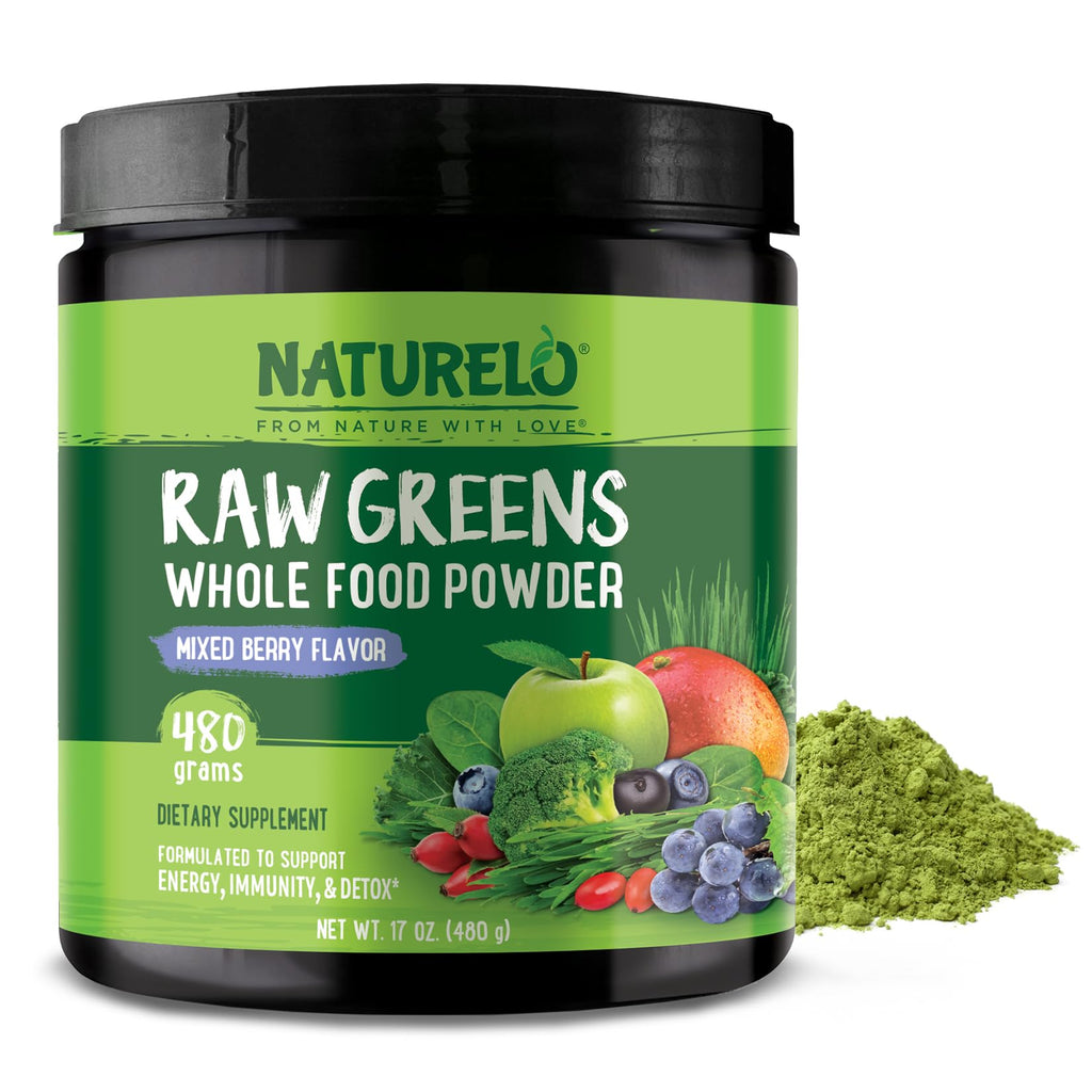 NATURELO Raw Greens Superfood Powder 480 Grams, Mixed Berry - Supports Energy, Immunity and Detox - Includes Spirulina, Wheat Grass and Organic - FENGGESTORE20