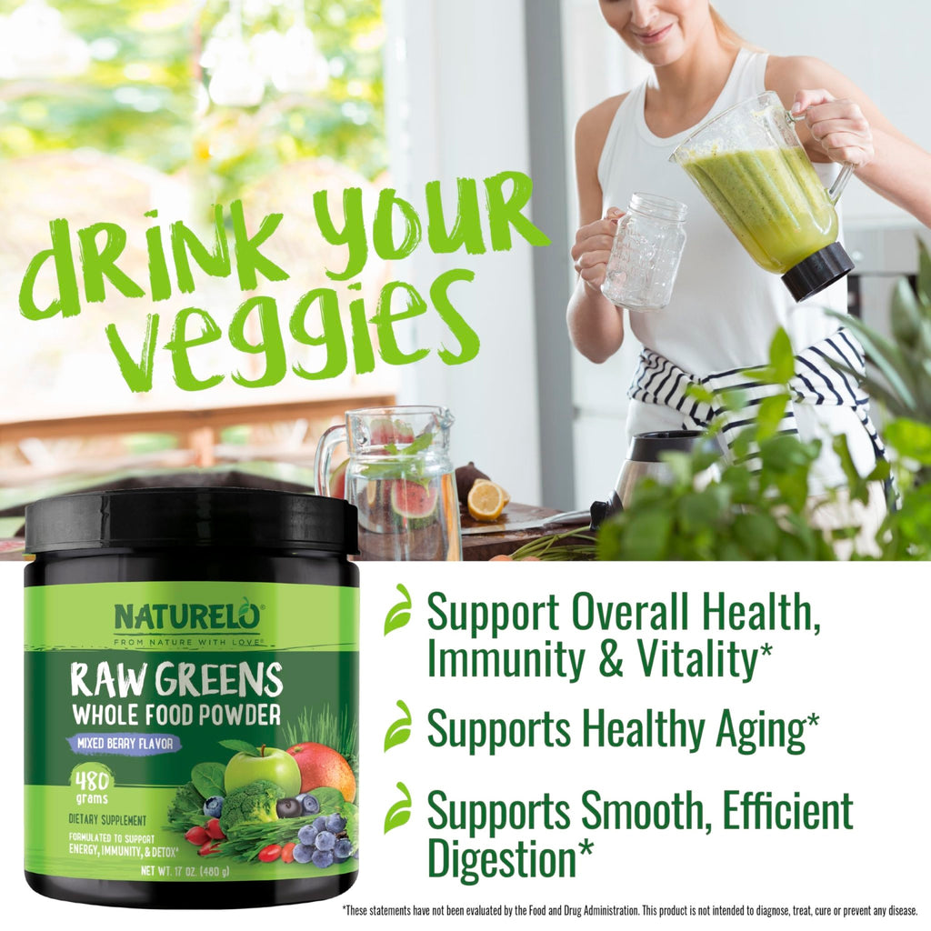 NATURELO Raw Greens Superfood Powder 480 Grams, Mixed Berry - Supports Energy, Immunity and Detox - Includes Spirulina, Wheat Grass and Organic - FENGGESTORE20