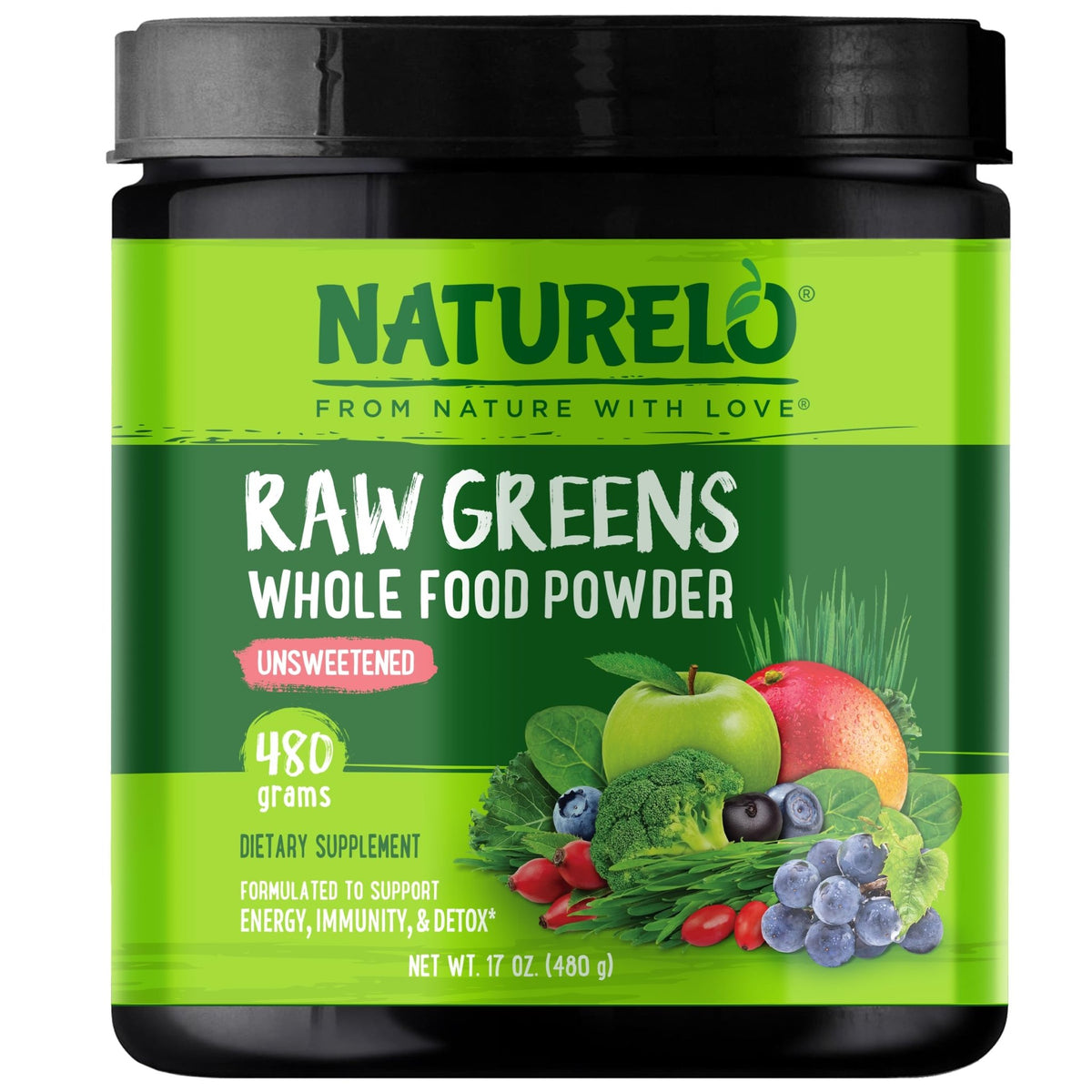 NATURELO Raw Greens Superfood Powder - Unsweetened - Boost Energy, Detox, Enhance Health - Organic Spirulina - Wheat Grass - Whole Food Nutrition from Fruits - FENGGESTORE20