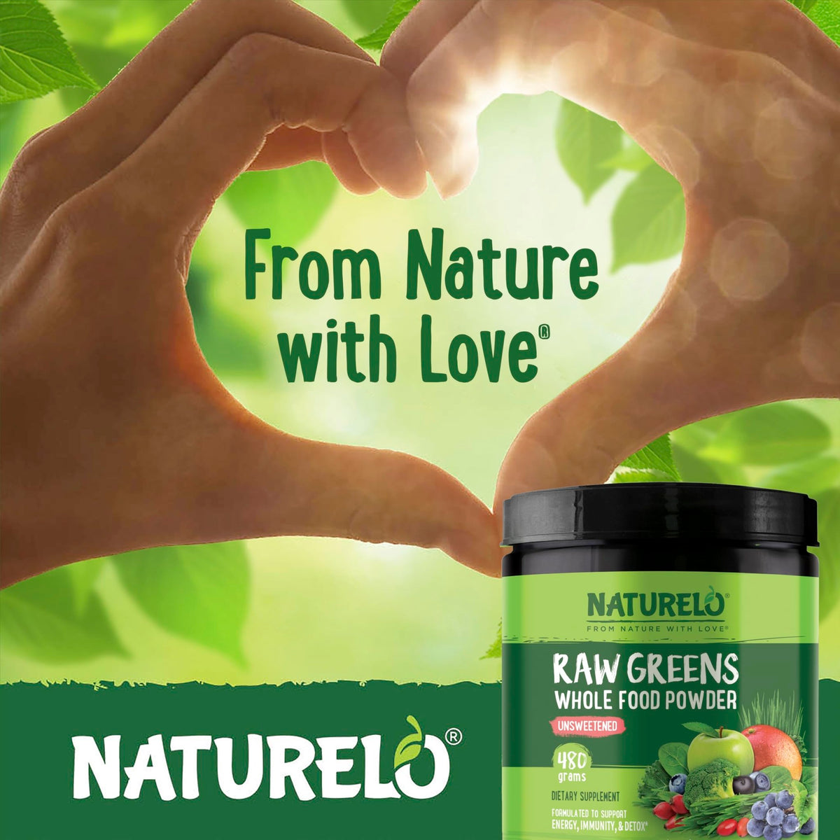 NATURELO Raw Greens Superfood Powder - Unsweetened - Boost Energy, Detox, Enhance Health - Organic Spirulina - Wheat Grass - Whole Food Nutrition from Fruits - FENGGESTORE20