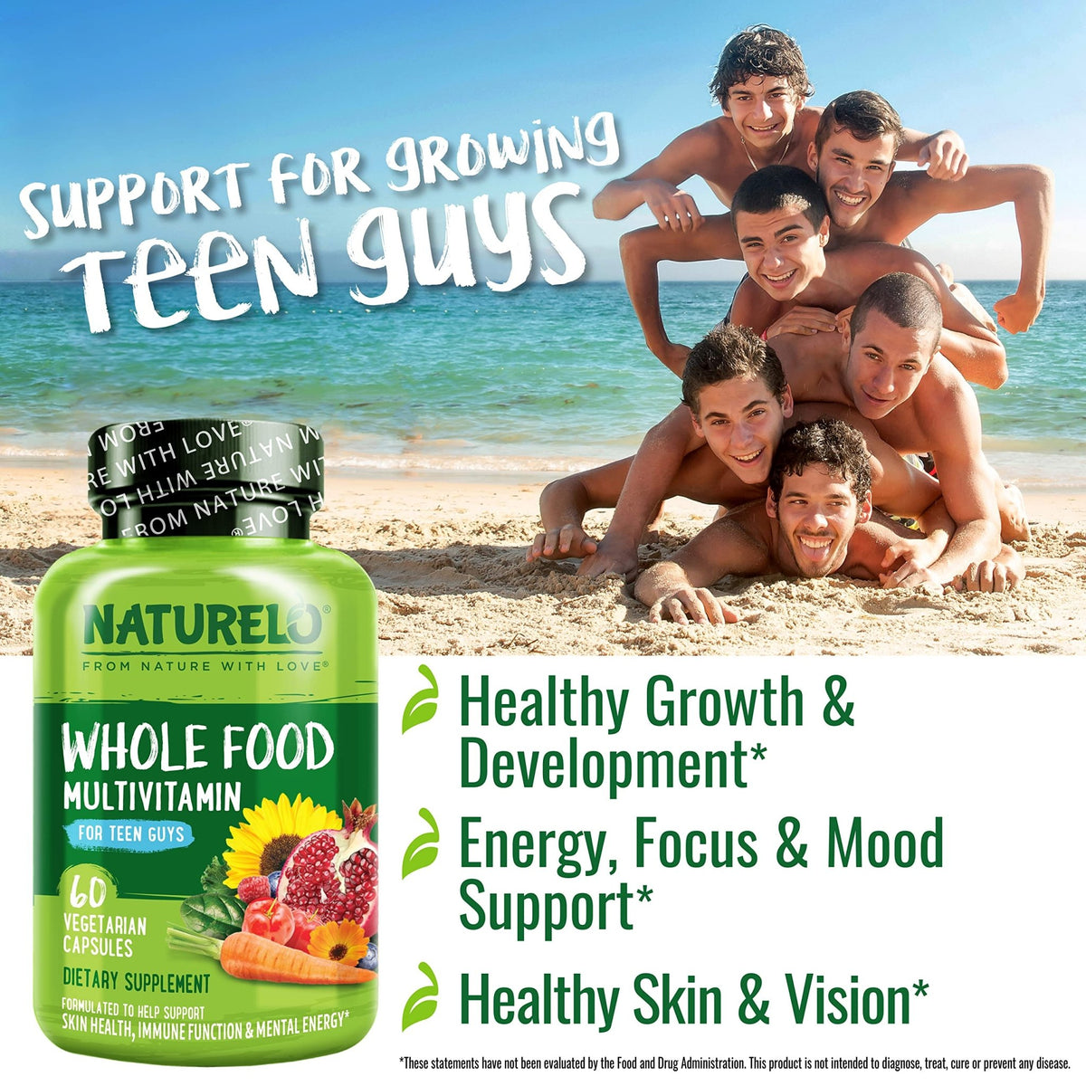 NATURELO Teen Multivitamin - Whole Food Multivitamin for Teenage Boys - Minerals Supplement for Active Kids - FENGGESTORE20