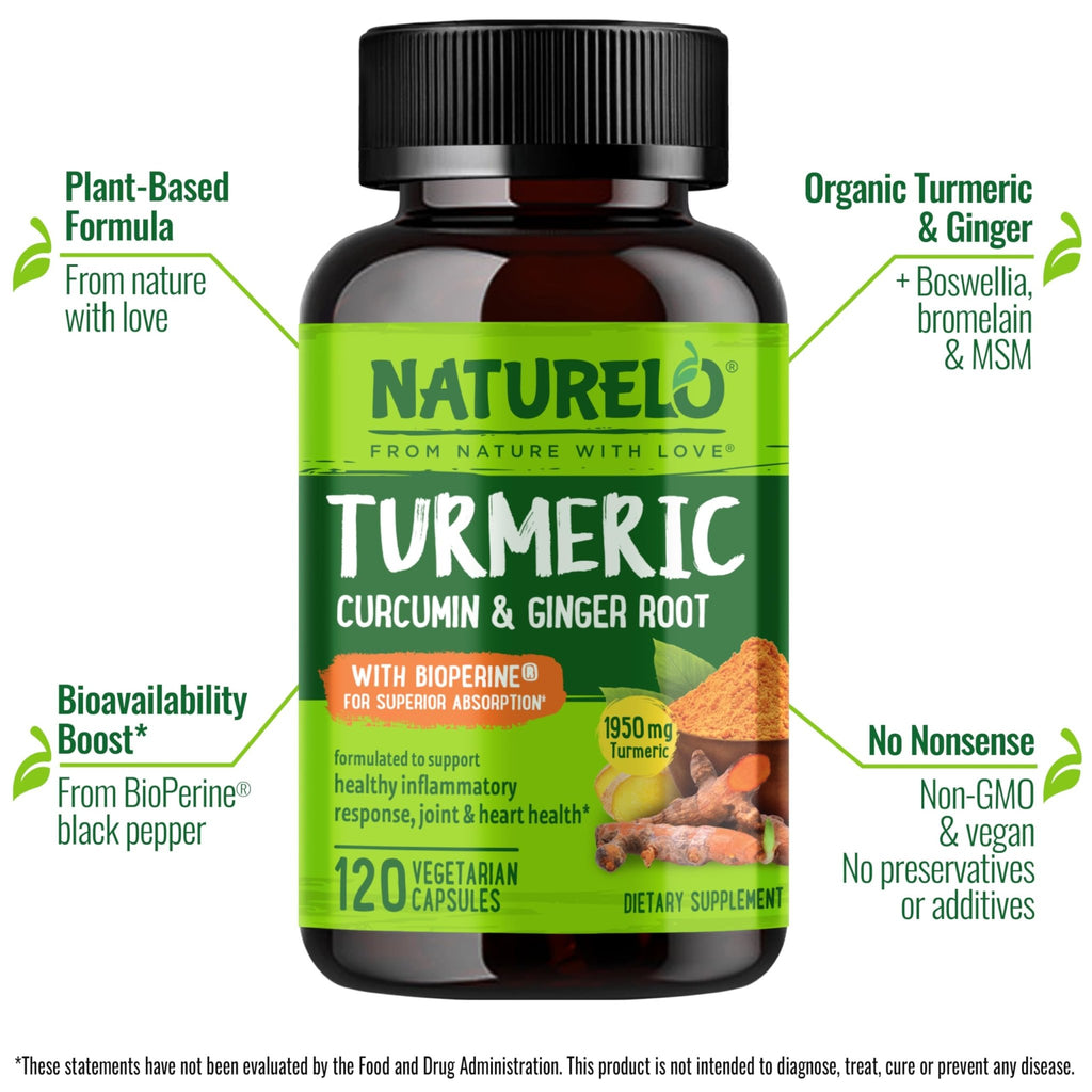 NATURELO Turmeric Curcumin - BioPerine for Better Absorption - Black Pepper, Ginger Root, Curcuminoids - Plant-Based Joint Discomfort Support - FENGGESTORE20