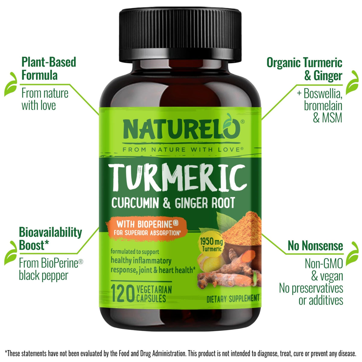 NATURELO Turmeric Curcumin - BioPerine for Better Absorption - Black Pepper, Ginger Root, Curcuminoids - Plant-Based Joint Discomfort Support - FENGGESTORE20
