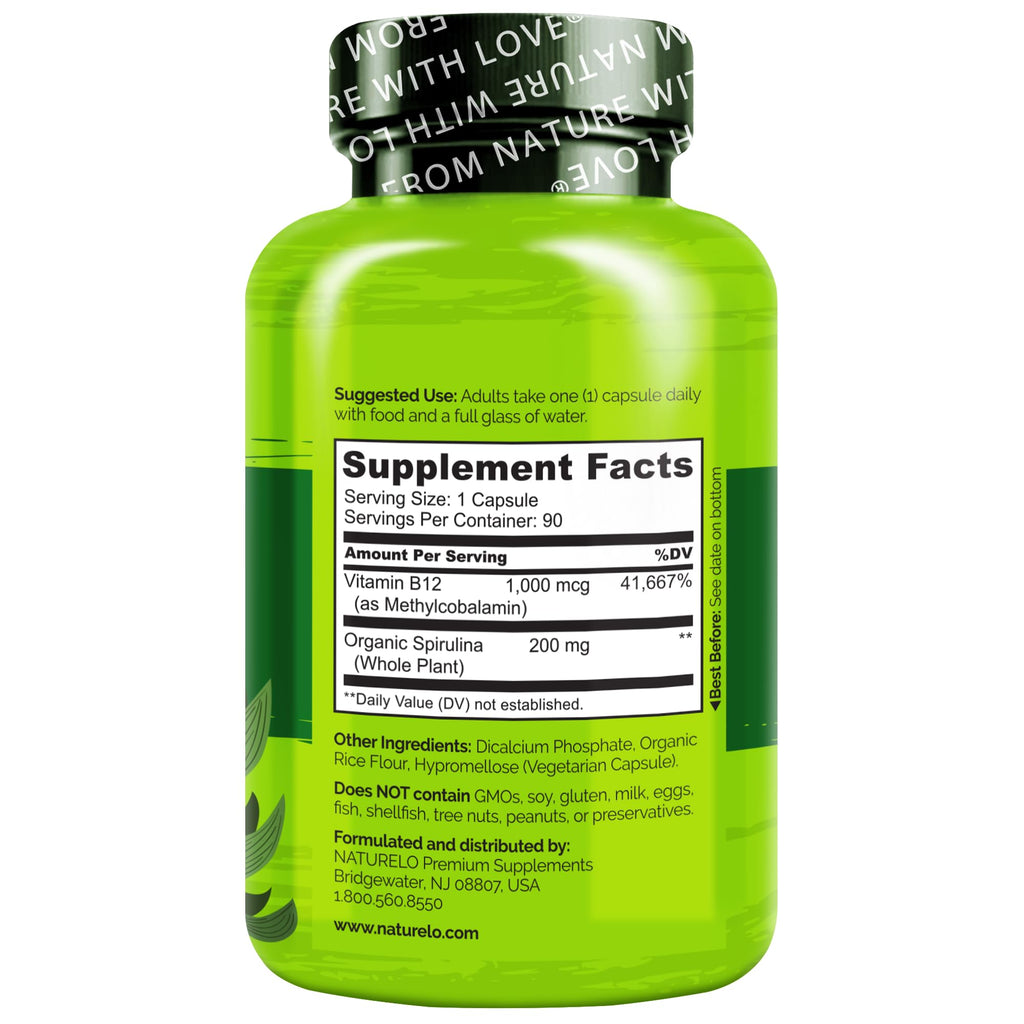 NATURELO Vegan B12 - Methyl B12 with Organic Spirulina - High Potency Vitamin B12 1000 mcg Methylcobalamin - Supports Healthy Mood - FENGGESTORE20