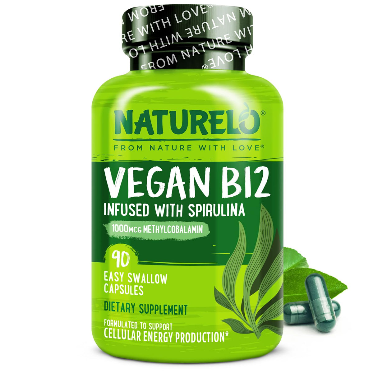 NATURELO Vegan B12 - Methyl B12 with Organic Spirulina - High Potency Vitamin B12 1000 mcg Methylcobalamin - Supports Healthy Mood - FENGGESTORE20