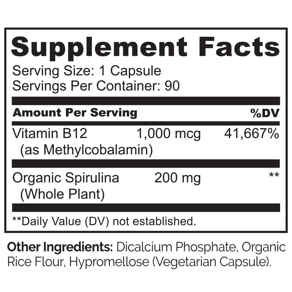 NATURELO Vegan B12 - Methyl B12 with Organic Spirulina - High Potency Vitamin B12 1000 mcg Methylcobalamin - Supports Healthy Mood - FENGGESTORE20