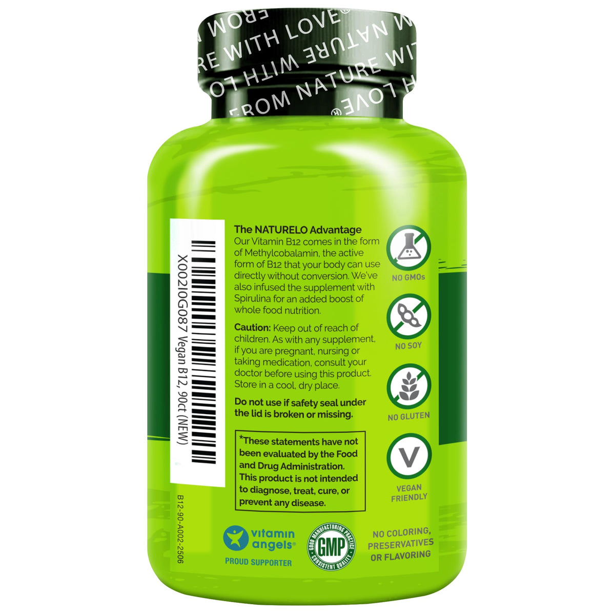 NATURELO Vegan B12 - Methyl B12 with Organic Spirulina - High Potency Vitamin B12 1000 mcg Methylcobalamin - Supports Healthy Mood - FENGGESTORE20