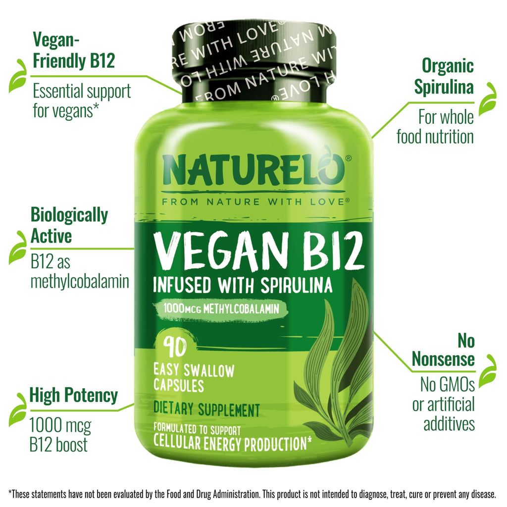 NATURELO Vegan B12 - Methyl B12 with Organic Spirulina - High Potency Vitamin B12 1000 mcg Methylcobalamin - Supports Healthy Mood - FENGGESTORE20