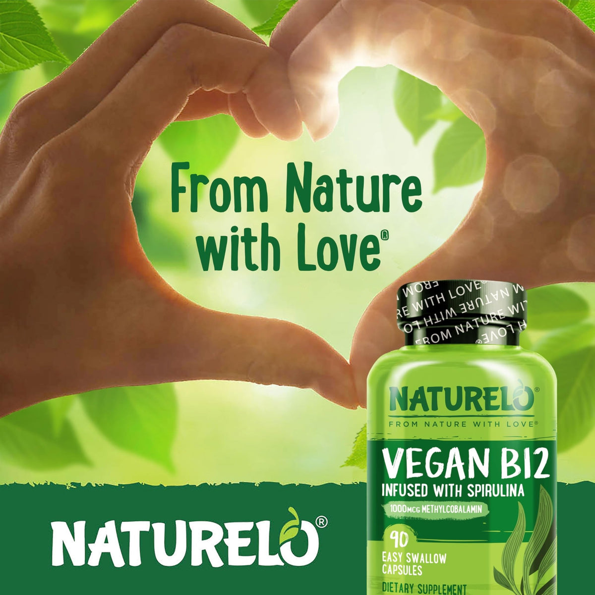 NATURELO Vegan B12 - Methyl B12 with Organic Spirulina - High Potency Vitamin B12 1000 mcg Methylcobalamin - Supports Healthy Mood - FENGGESTORE20