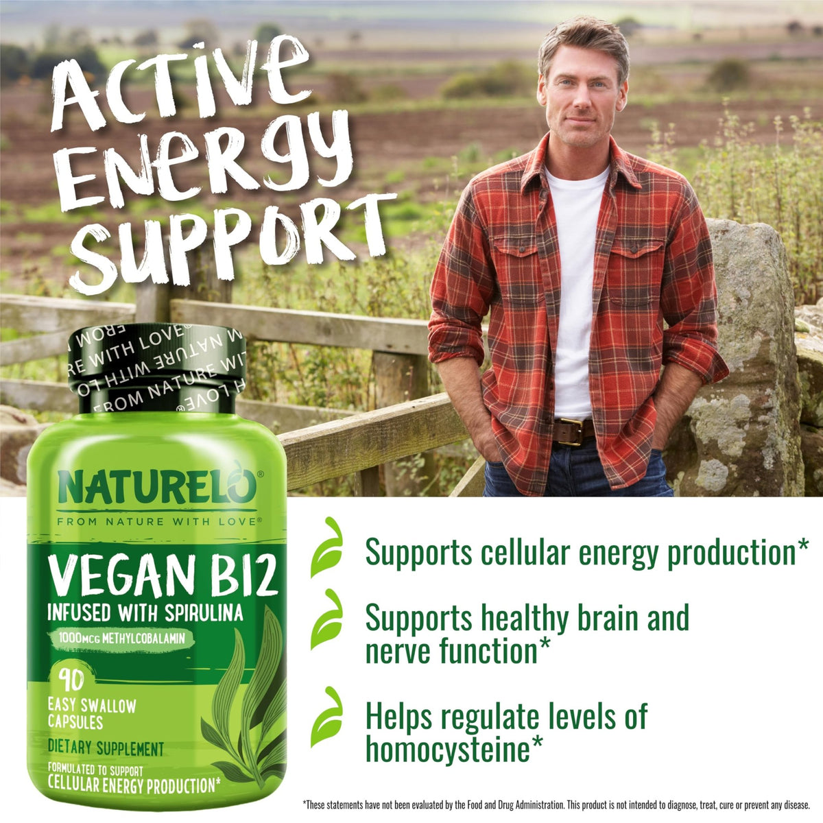 NATURELO Vegan B12 - Methyl B12 with Organic Spirulina - High Potency Vitamin B12 1000 mcg Methylcobalamin - Supports Healthy Mood - FENGGESTORE20