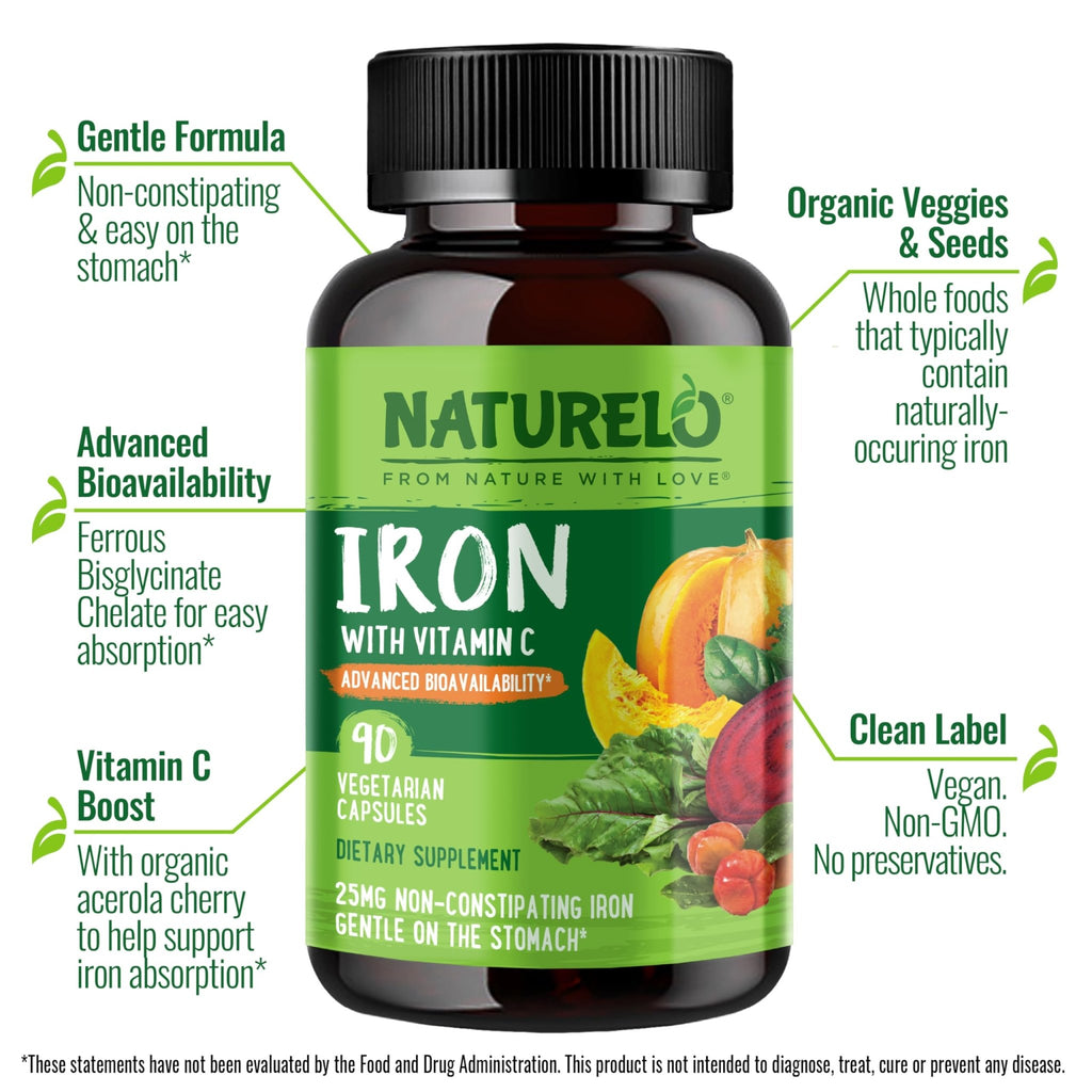 NATURELO Vegan Iron Supplement with Vitamin C and Organic Whole Foods - Gentle Iron Pills for Women & Men with Iron Deficiency Including Pregnancy - FENGGESTORE20