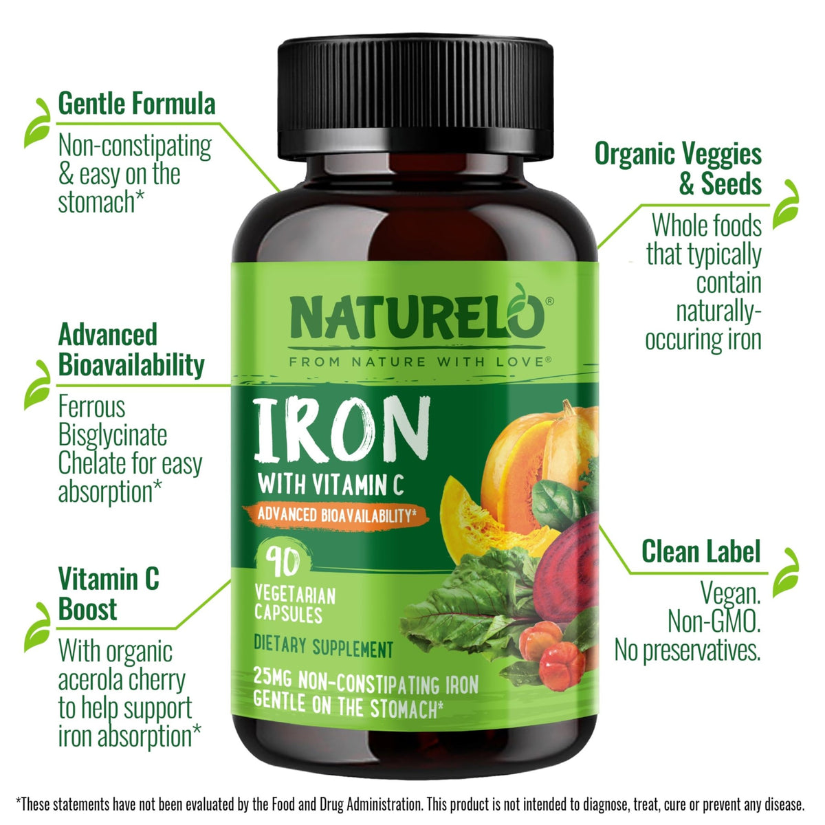 NATURELO Vegan Iron Supplement with Vitamin C and Organic Whole Foods - Gentle Iron Pills for Women & Men with Iron Deficiency Including Pregnancy - FENGGESTORE20