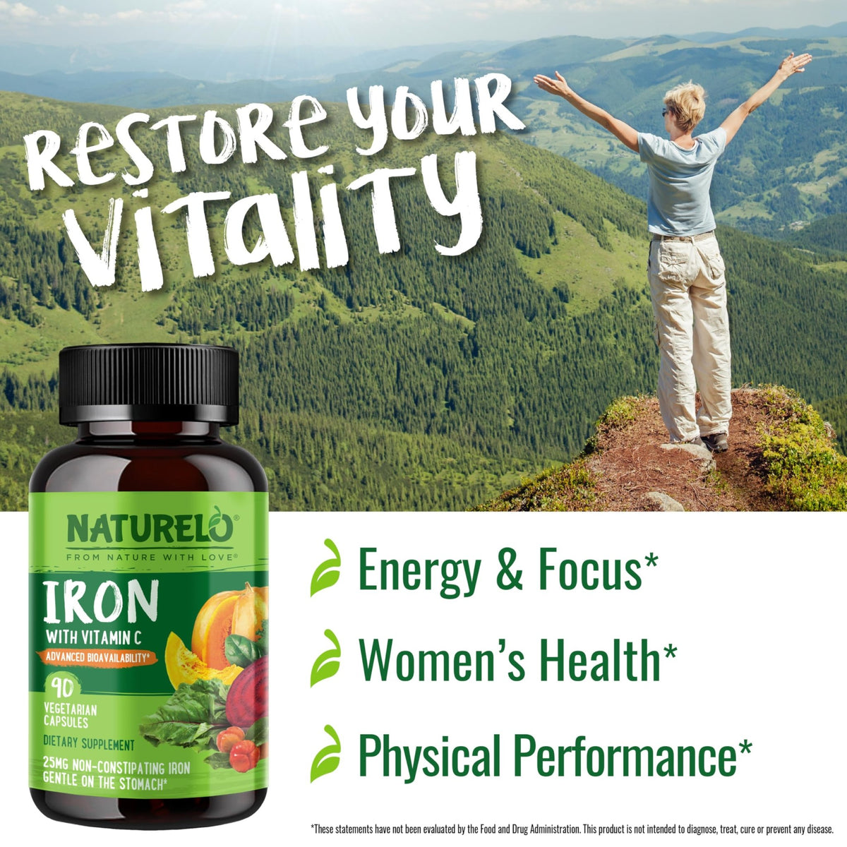 NATURELO Vegan Iron Supplement with Vitamin C and Organic Whole Foods - Gentle Iron Pills for Women & Men with Iron Deficiency Including Pregnancy - FENGGESTORE20